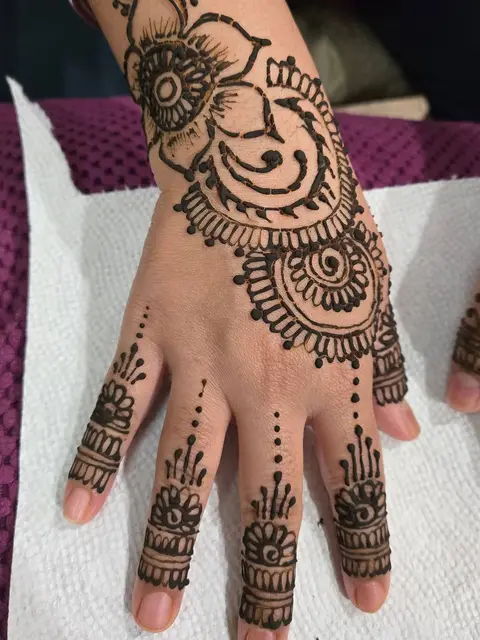 A bold flower on the back of a hand, with banded designs on each finger