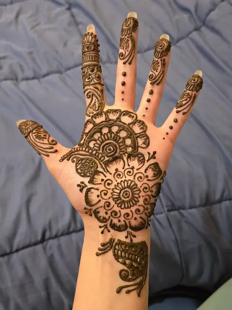 A large mandala in the centre of a palm, with lines and dots running up each finger